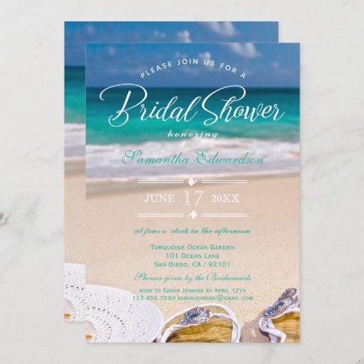 モダンターコイズ海ビーチブライダルシャワー 招待状 (正面/裏面)