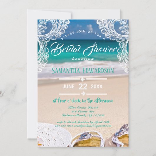 モダンターコイズ海ビーチブライダルシャワー 招待状 (正面)