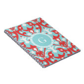 モダンターコイズ赤イカットトライバルパタンモノグラム ノートブック (右側)