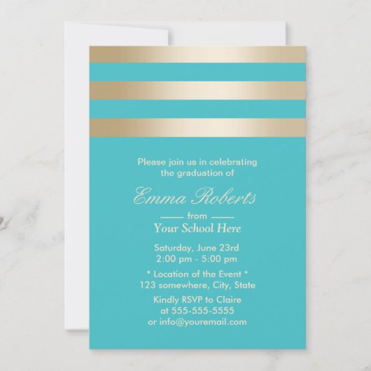 モダンターコイズ金ゴールドストライプ卒業 招待状 (正面)