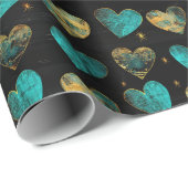 モダンターコイズ金ゴールドハートパターン ラッピングペーパー (ロールコーナー)