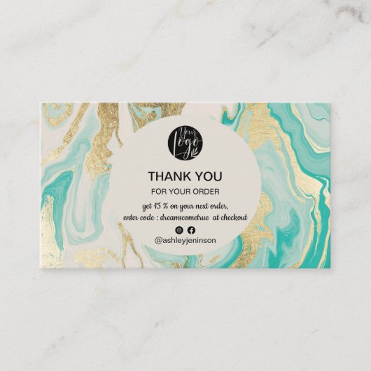 モダンターコイズ金ゴールド大理石のロ感謝していゴの注文 名刺 (正面)