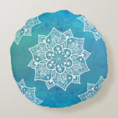 モダンターコイズ青グラデーション水色曼荼羅 ラウンドクッション (裏面)