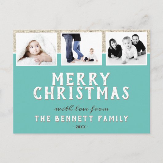 モダンターコイズ3写真コラージュのクリスマス ポストカード (正面)