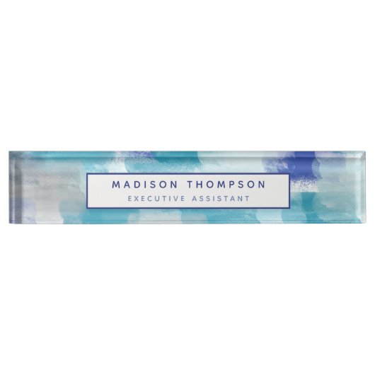 モダンターコイズ&グレーウォーター色抽象芸術アート デスクネームプレート (正面)