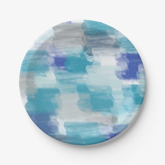 モダンターコイズ&グレーウォーター色抽象芸術アート ペーパープレート (正面)