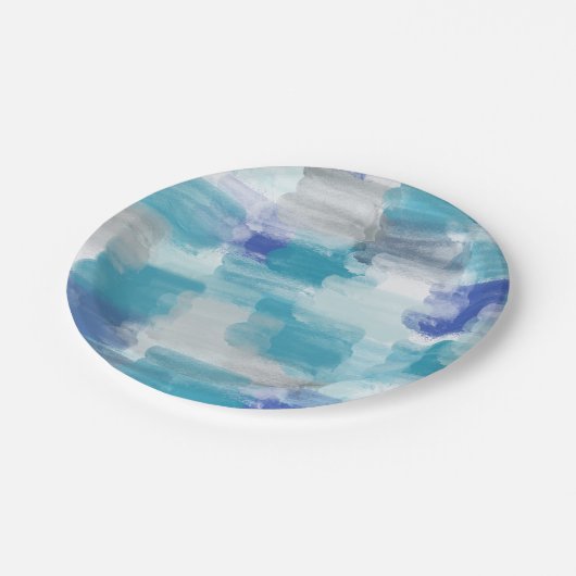 モダンターコイズ&グレーウォーター色抽象芸術アート ペーパープレート (アングル)