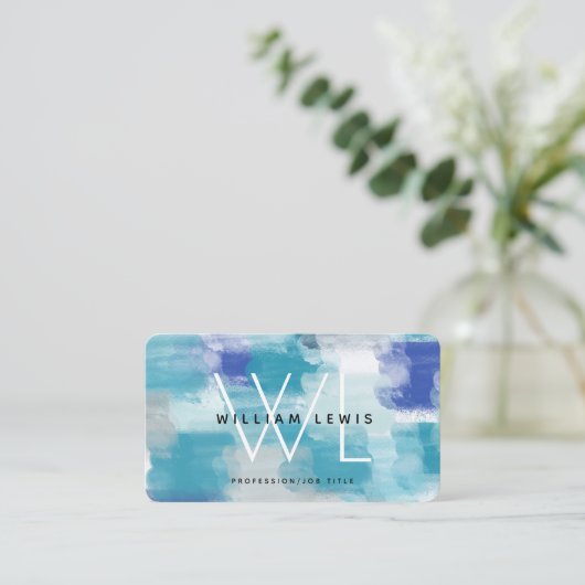 モダンターコイズ&グレーウォーター色抽象芸術アート 名刺 (スタンド正面)