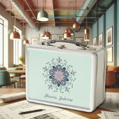 モダンターコイズ&ピンクフローラマンダラドードレス メタルランチボックス