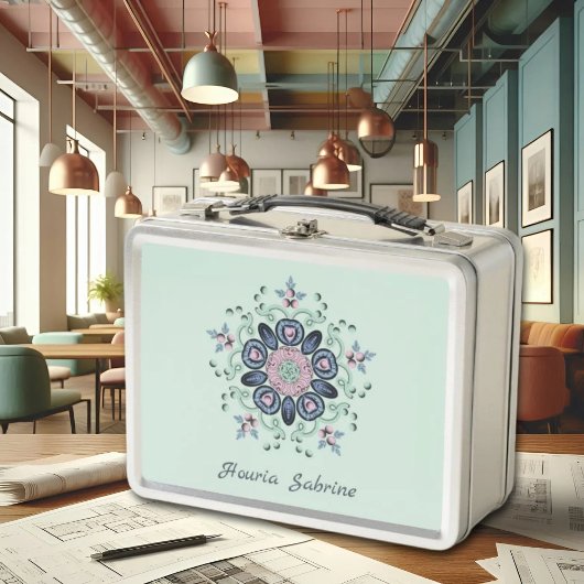 モダンターコイズ&ピンクフローラマンダラドードレス メタルランチボックス