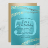 モダンターコイズ&金ゴールド音楽50誕生日 招待状 (正面/裏面)