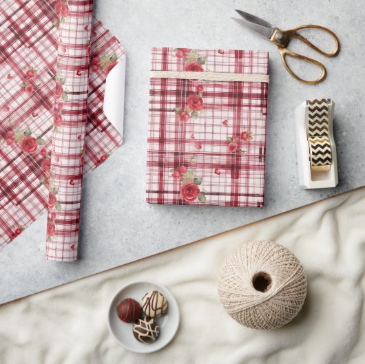 モダンタータンチェックレッドフロレルパターン ラッピングペーパー (クラフト)