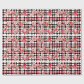 モダンタータンチェック赤色花柄 ラッピングペーパー (フラット)