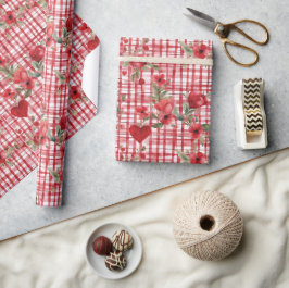 モダンタータンチェック赤色花柄 ラッピングペーパー