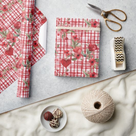 モダンタータンチェック赤色花柄 ラッピングペーパー (クラフト)