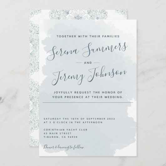 モダンダスティブルーウォーター洗浄ビーチ結婚式 招待状 (正面/裏面)