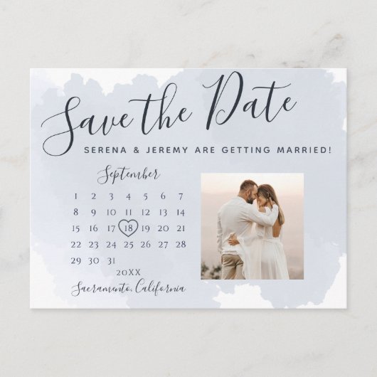 モダンダスティブルーウォーター結婚カラーカレンダー 案内ポストカード (正面)