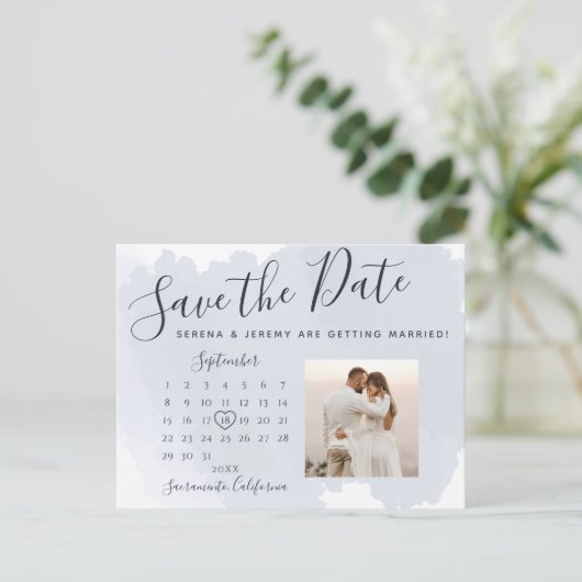 モダンダスティブルーウォーター結婚カラーカレンダー 案内ポストカード (スタンド正面)