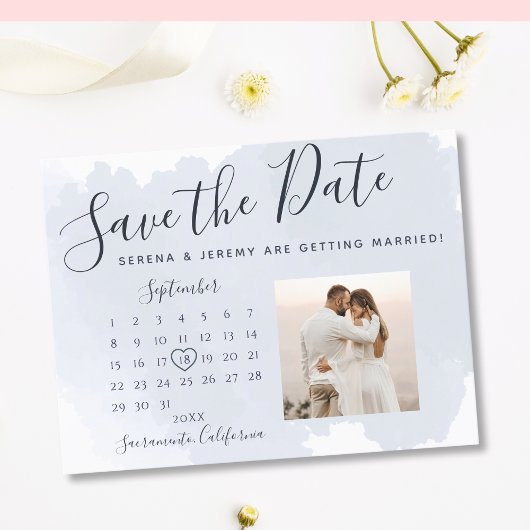 モダンダスティブルーウォーター結婚カラーカレンダー 案内ポストカード