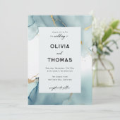 モダンダスティブルーエレガントフレームビーチ結婚式 招待状 (スタンド正面)
