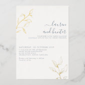 モダンダスティブルースクリプト金ゴールドボタニカル結婚ズ 箔招待状 (正面)