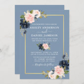 モダンダスティブルーピンク赤面フローラ結婚金ゴールド 招待状 (正面/裏面)