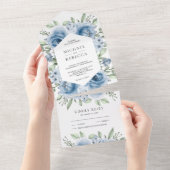 モダンダスティブルーフローラブーケ結婚リー オールインワン招待状 (貼ってはがせる)