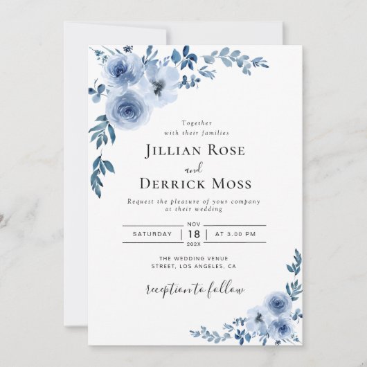 モダンダスティブルーフローラリース結婚式招待状 招待状 (正面)