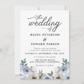 モダンダスティブルーフローラ水彩画結婚素 招待状 (正面)