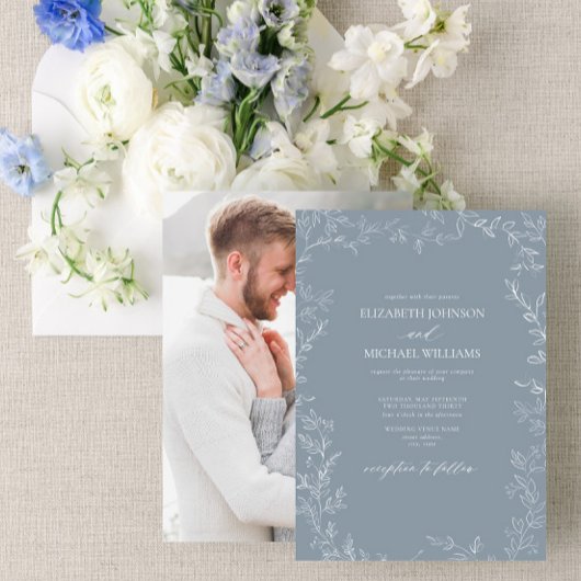 モダンダスティブルーミニマルリーフの写真結婚 招待状