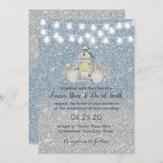 モダンダスティブルーヴィンテージランタ結婚ーズ 招待状 (正面/裏面)