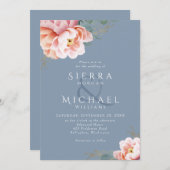 モダンダスティブルー赤面ピンクピーチフローラ結婚ズ 招待状 (正面/裏面)