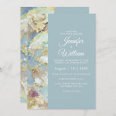 モダンダスティブルー金ゴールドマーブルシエレガントック結婚ス 招待状 (正面/裏面)