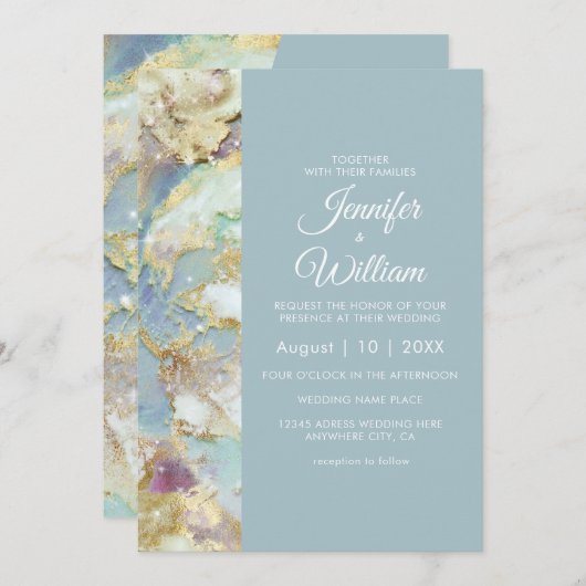 モダンダスティブルー金ゴールドマーブルシエレガントック結婚ス 招待状 (正面/裏面)
