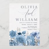 モダンダスティブルー&シルバーフローラ結婚ズ 箔招待状 (正面)