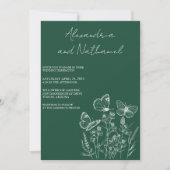 モダンダークグリーンとホワイト結婚バタフライ 招待状 (正面)