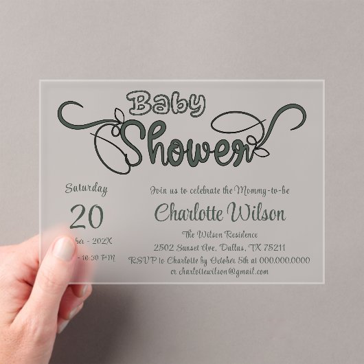 モダンダークグリーンのベビーシャワー アクリル招待状 (インサイチュ (ポータブル))