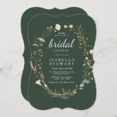 モダンダークグリーンエレガントワイルドフラワーブライダルシャワー 招待状 (正面/裏面)