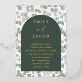 モダンダークグリーン&金ゴールドユーカリ結婚ス 箔招待状 (正面)