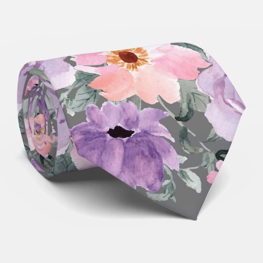 モダンダークグレーフローラウォーター結婚カラー ネクタイ (ロール)