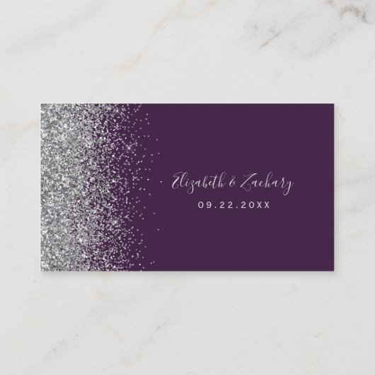 モダンダークパープルシルバー結婚グリッター プレイスカード (裏面)