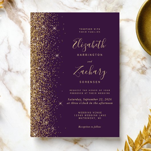 モダンダークパープル金ゴールドフェイクグリッターエッ結婚ジ 招待状