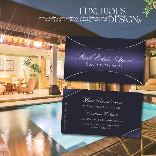 モダンダークブルーとシルバー縁どプロフェッショナル 名刺