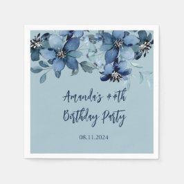 モダンダークブルーフローラル誕生日パーティー スタンダードカクテルナプキン
