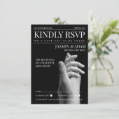 モダンダークモードマガジンの結婚式RSVP エンクロージャーカード (スタンド正面)