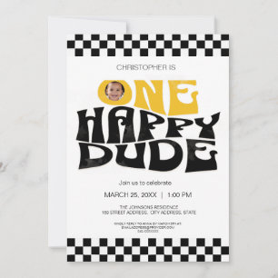 モダンチェッカーボードのファーストバースデー「One Happy Dude」 招待状