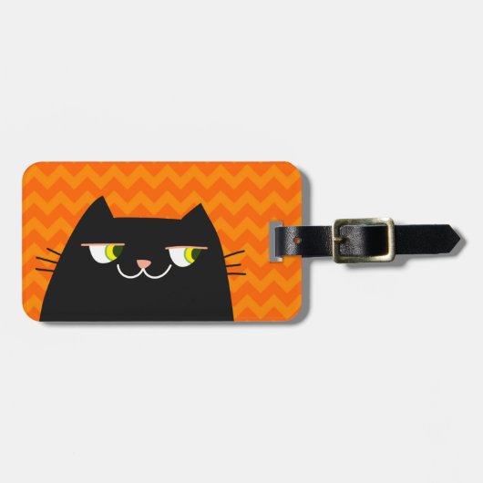 モダンチェブロンの黒猫荷物タグ ラゲッジタグ (正面横)