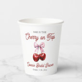 モダンチェリーオントップ ピンクリボン ブライダルシャワー 紙コップ (正面)
