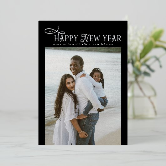 モダンチックな家族の新年4枚の写真コラージュ 箔シーズンカード (立ち正面)