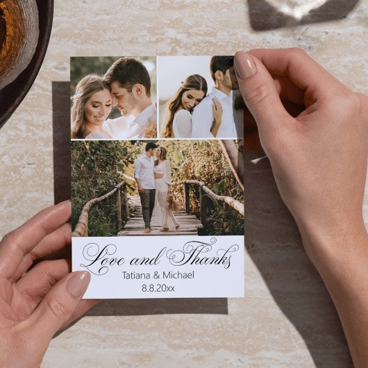 モダンチックカリグラフィー 3枚の写真の結婚式 サンキューカード